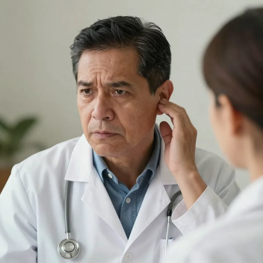 Persona preocupada tocando su oído durante consulta médica