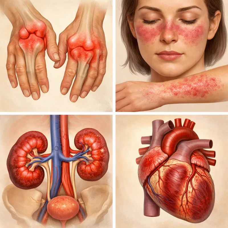 Ilustración de síntomas del lupus y áreas del cuerpo afectadas