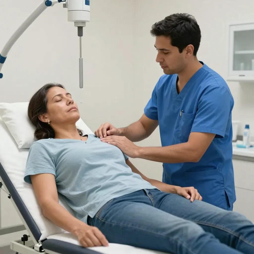 Latin American cancer patient receiving radiation therapy treatment