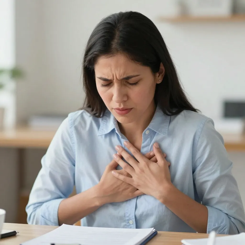 Mujer experimentando acidez estomacal por reflujo gastroesofágico