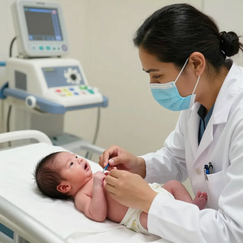 Neonatólogo examinando cuidadosamente a un recién nacido con estetoscopio durante consulta de revisión
