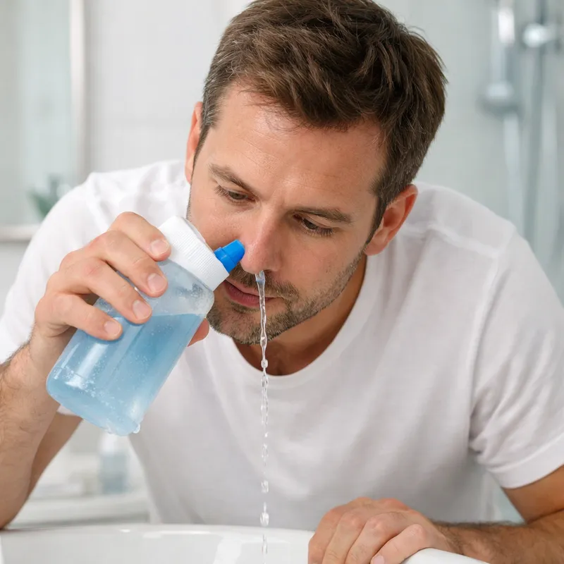 Irrigación nasal con solución salina para cuidado sinusal