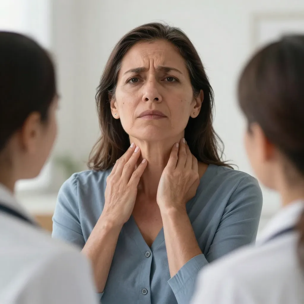 Mujer tocando su cuello en consulta médica para revisión de tiroides
