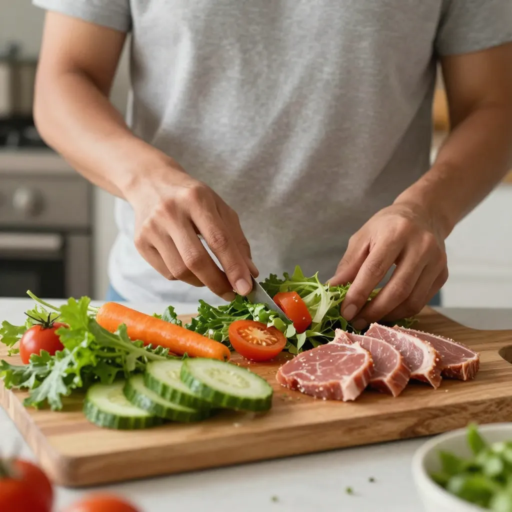 Persona preparando comida saludable para mantener la salud de la tiroides