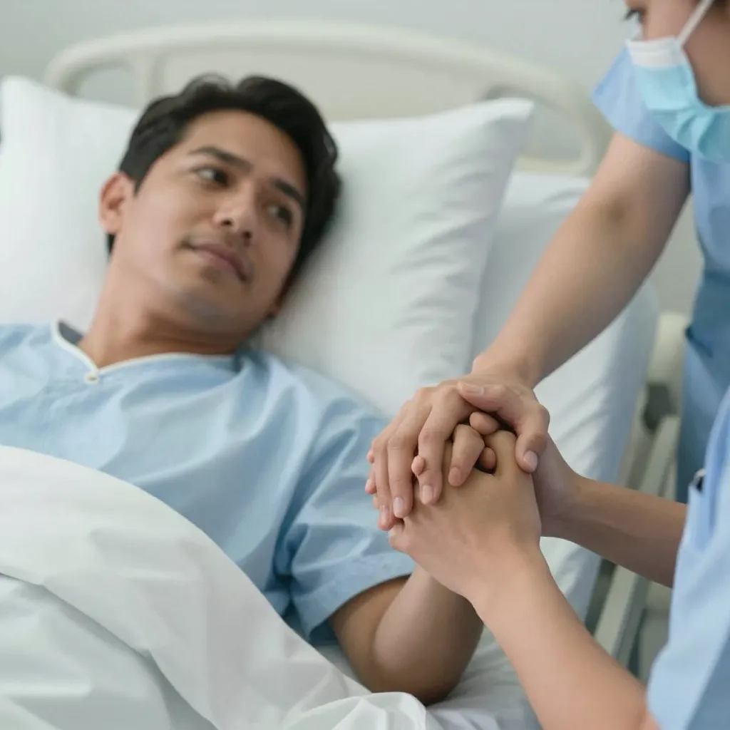 Paciente recuperándose después de trasplante renal con apoyo familiar