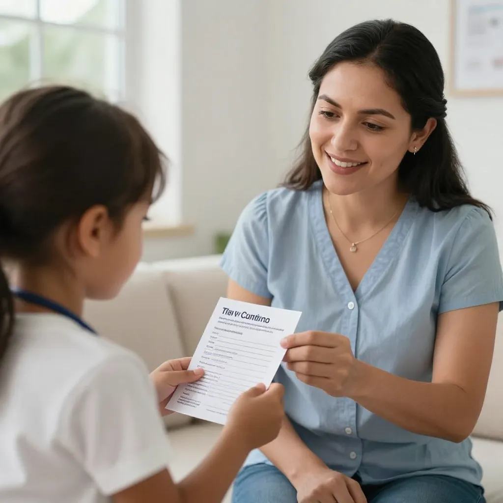 Madre revisando cartilla de vacunación de su hijo