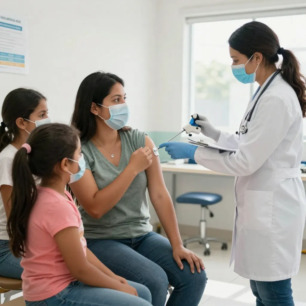 Familia en centro de salud esperando turno de vacunación