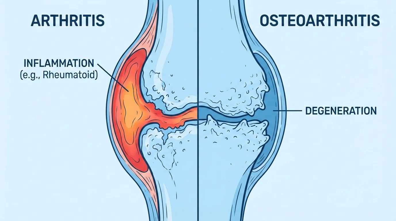 Comparación visual entre artritis y artrosis mostrando las diferencias en las articulaciones afectadas y los procesos inflamatorios versus degenerativos