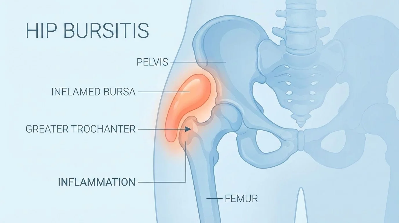 Ilustración médica de bursitis de cadera mostrando la inflamación de la bursa trocantérea en la articulación de la cadera