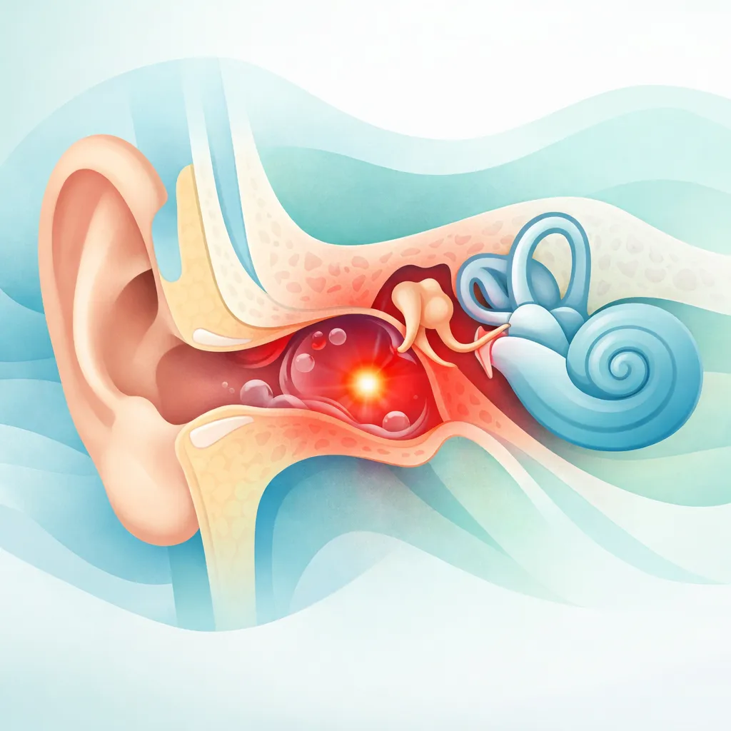 Ilustración médica sobre otitis media e infección de oído