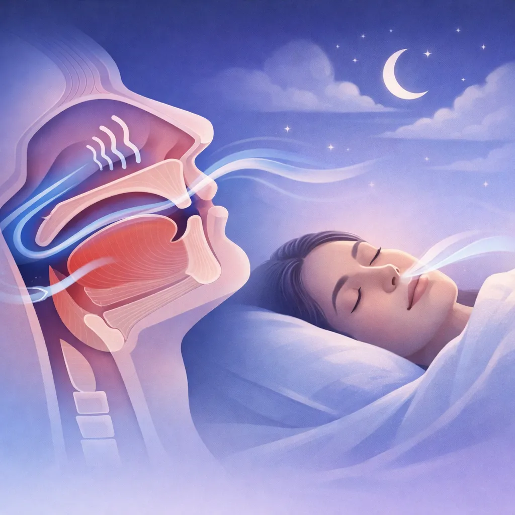 Ilustración médica sobre ronquidos y apnea obstructiva del sueño