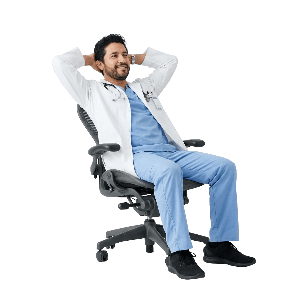 Doctor relajado gracias al software médico con IA de Doktor